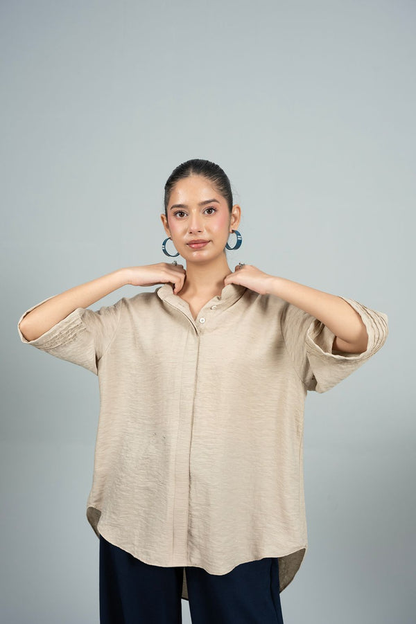 Mode Stand-Collar Beige Shirt