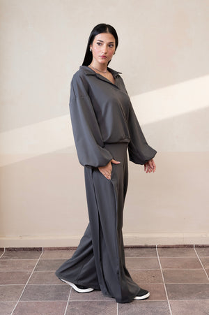 Slitline Wide-Leg Gray Pinstripe Trouser