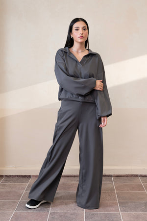 Slitline Wide-Leg Gray Pinstripe Trouser
