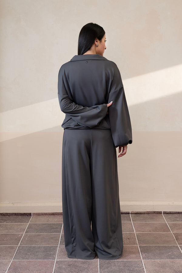 Slitline Wide-Leg Gray Pinstripe Trouser