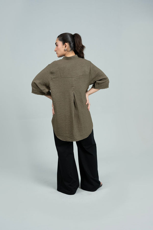 Mode Stand-Collar Olive Shirt