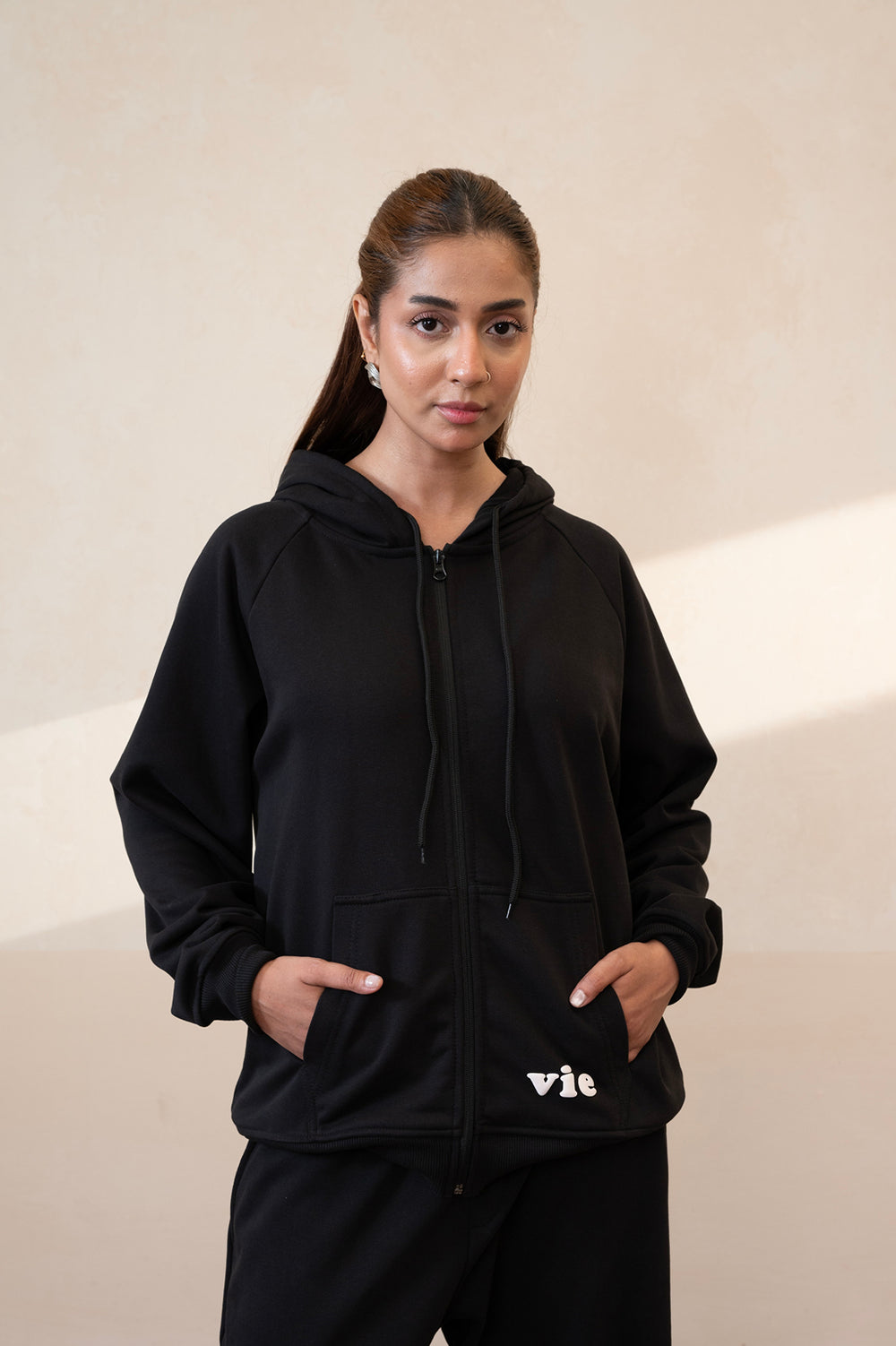 Raglan Jet Black Zip Hoodie