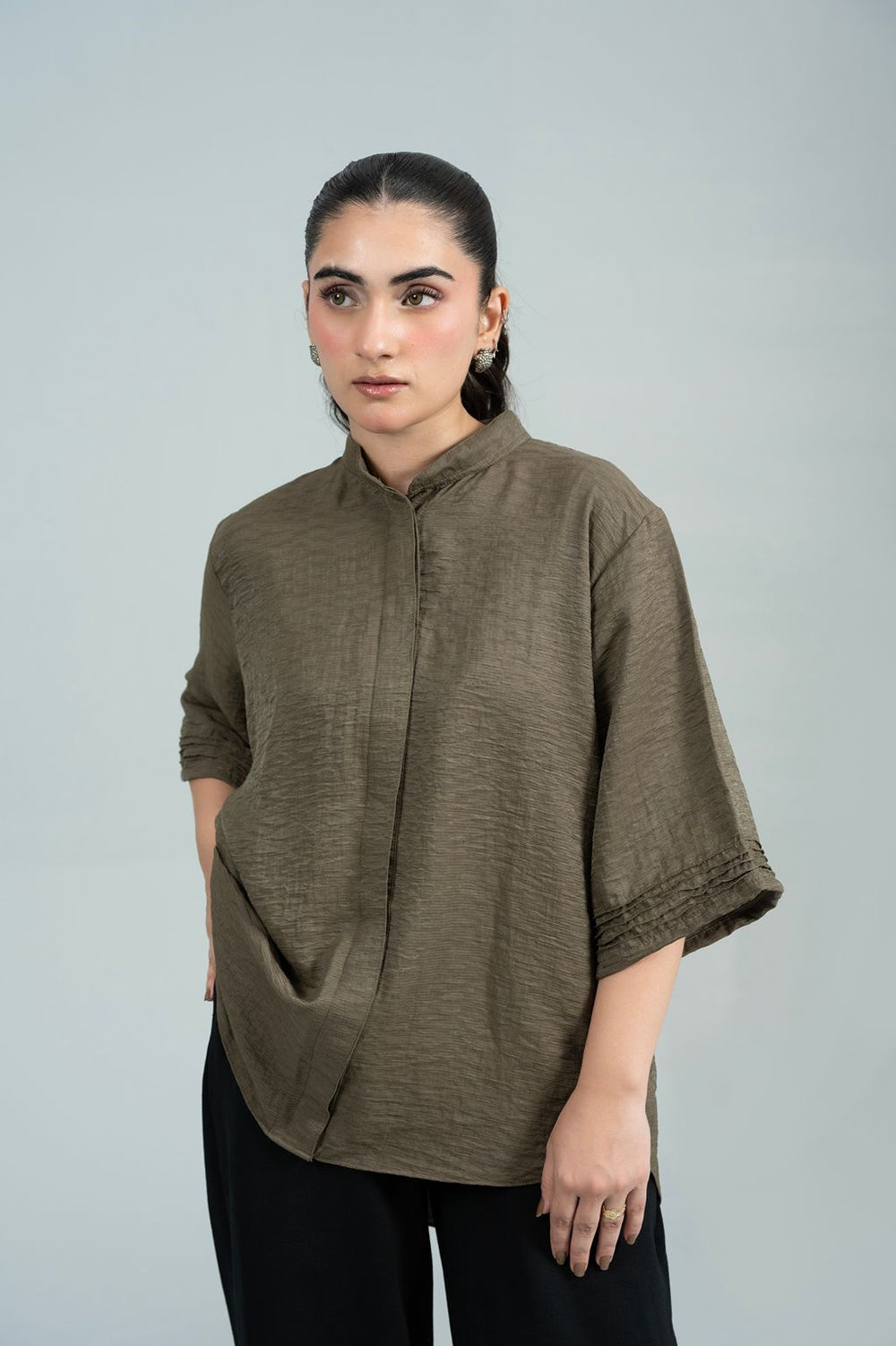 Mode Stand-Collar Olive Shirt