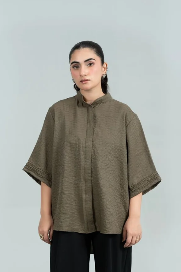 Mode Stand-Collar Olive Shirt